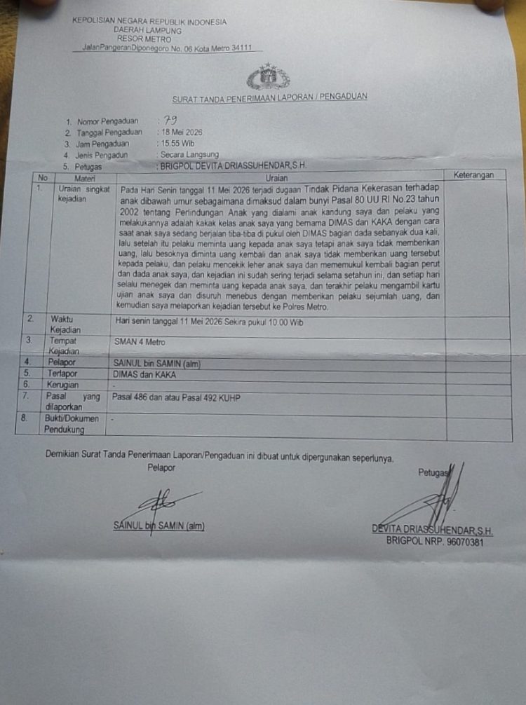 Gempar! Kasus Pembullyian di SMAN 4 Metro Dilaporkan Ke Polres