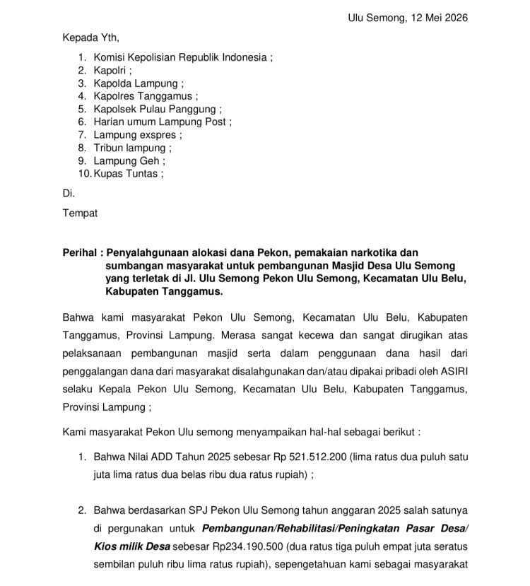 Dugaan Penyelewengan Dana Desa dan Dana Pembangunan Masjid di Ulu Semong Mengemuka, Warga Minta Aparat Bertindak